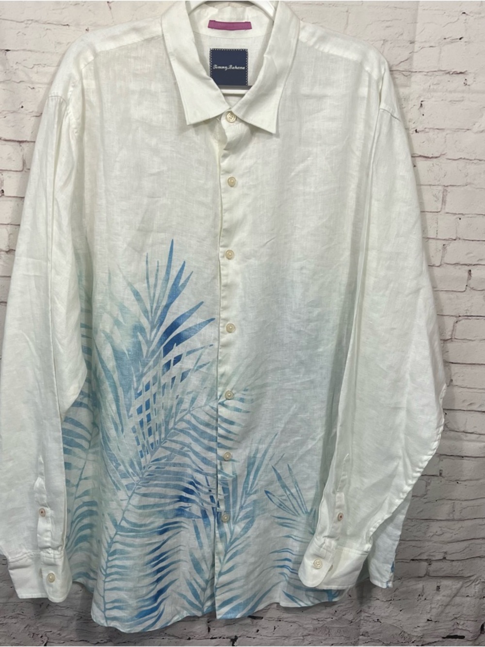 Tommy Bahama 2XT Fo' Rio Fronds Linen Shirt Long Sleeve Ivory Blue Palm Fronds